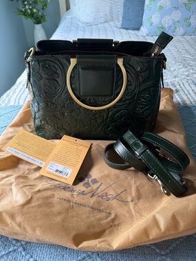 Patricia Nash Empoli Emerald Tooled Leather Satchel with Gold Ring Handles